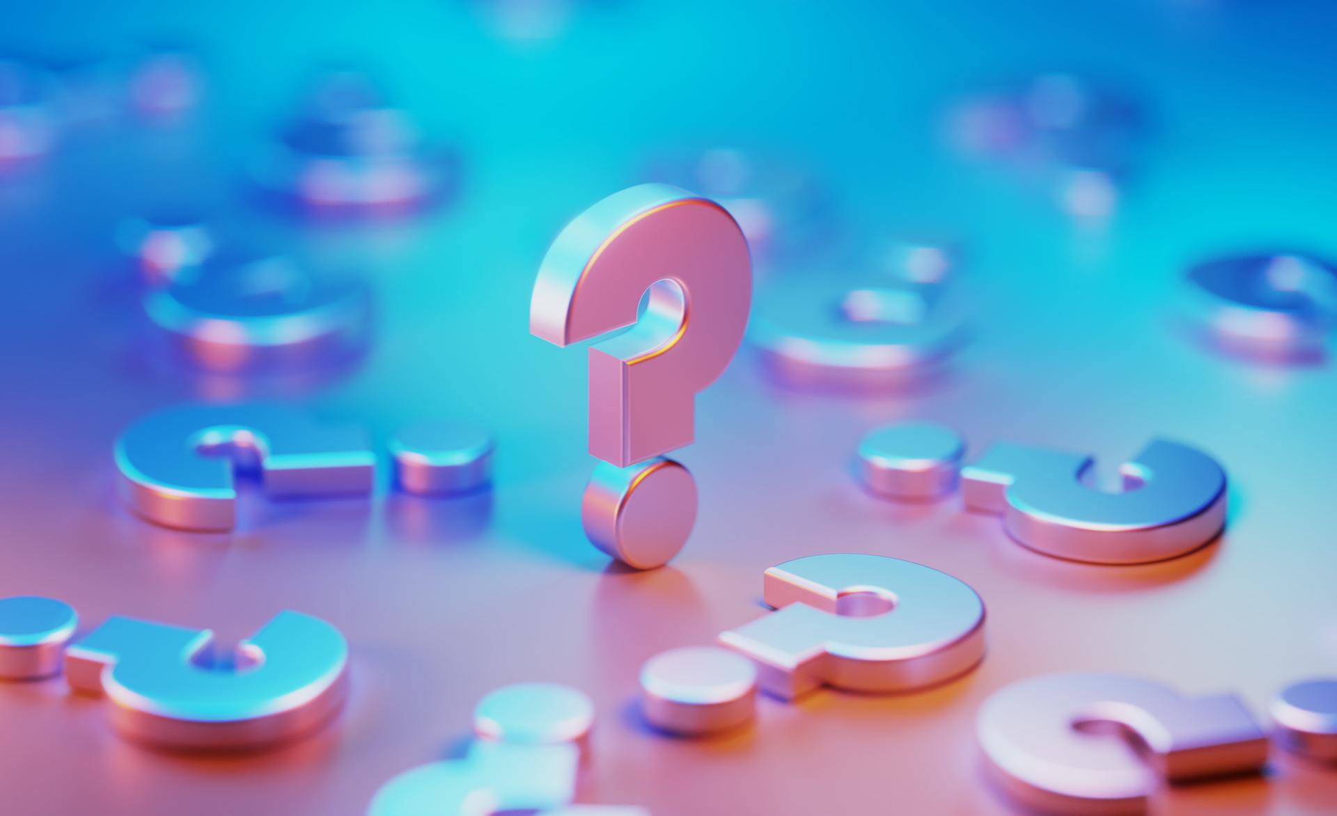 Metallic Question Marks Illuminated By Blue And Pink Lights On Blue And Pink Background