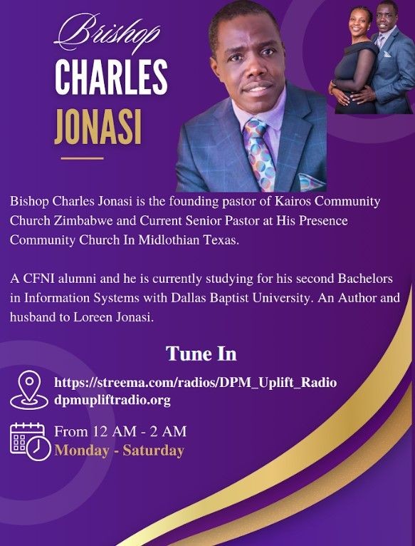 Promotional image for Bishop Charles Jonasi with text about his pastor roles and radio show details.