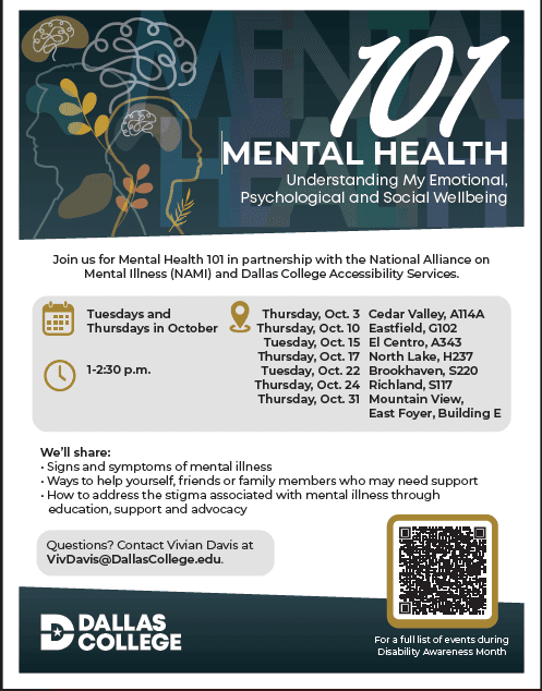 Dallas College Mental Health 101 flyer with event details and schedule in October.